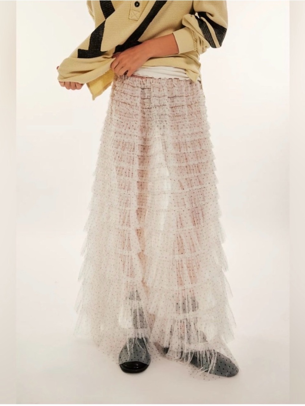 NWT Free People Cream ruffled Maxi Skirt mesh gold dots graduateing ruffles